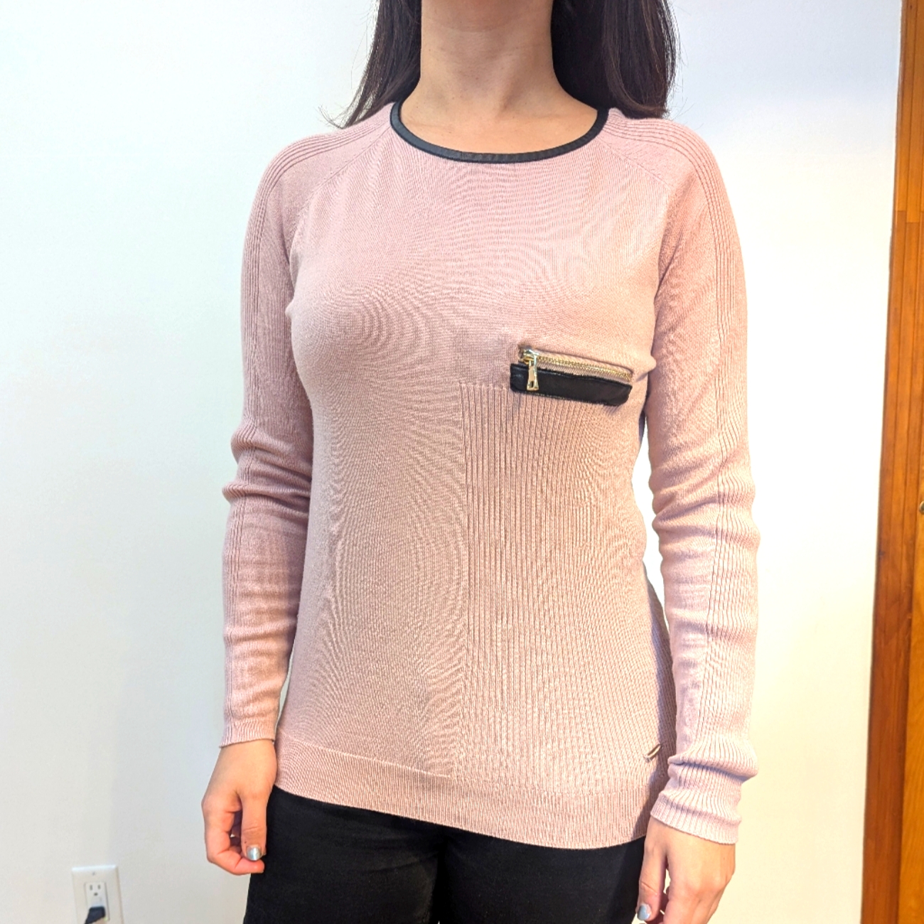 Blush Pink Knit Top With Faux Leather Details And Zipper Pocket